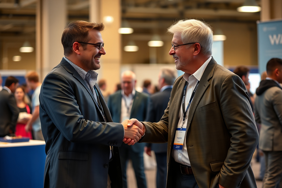 Two spray foam industry professionals shaking hands after a networking conversation