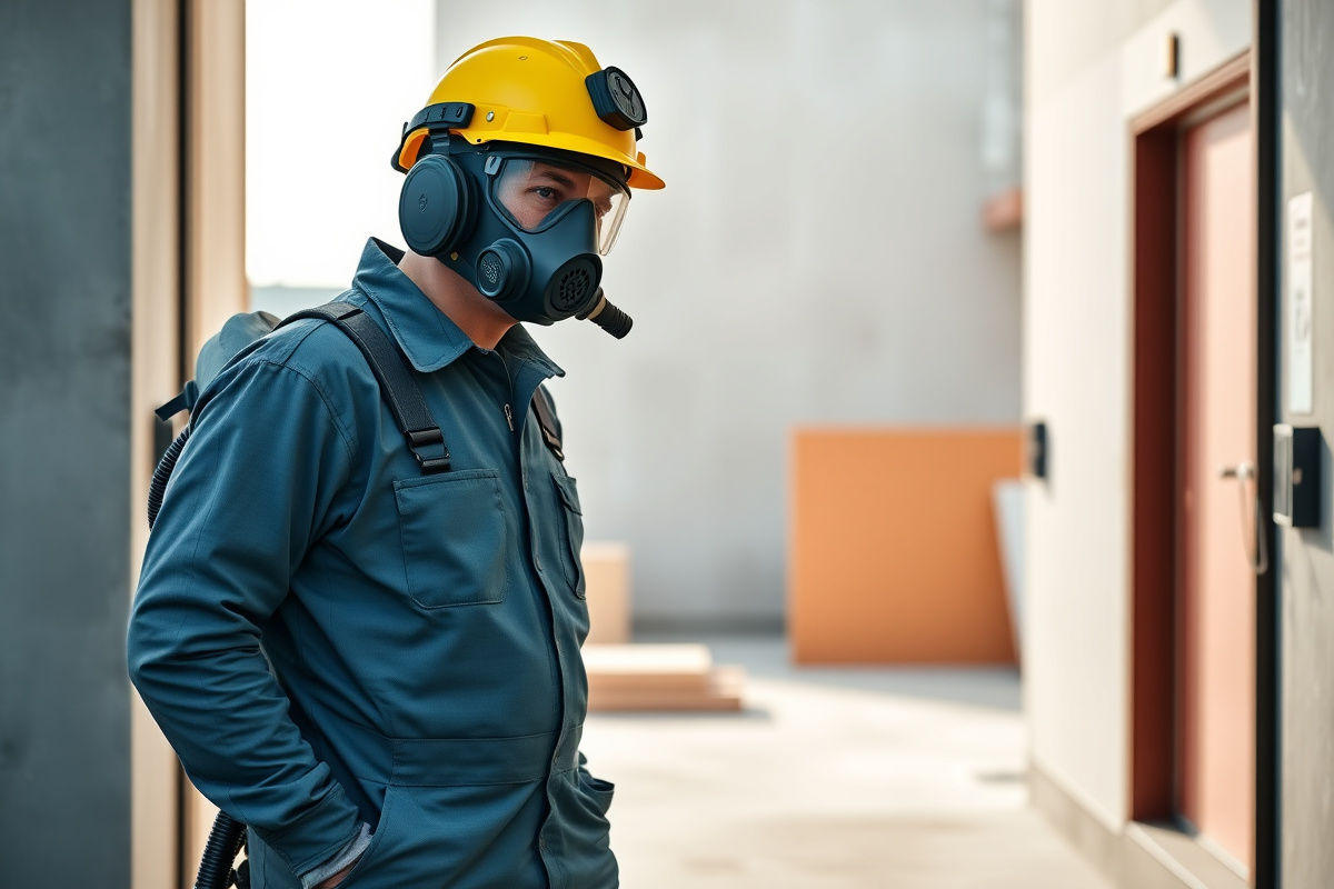 Spray foam installer wearing full safety and PPE gear on a jobsite
